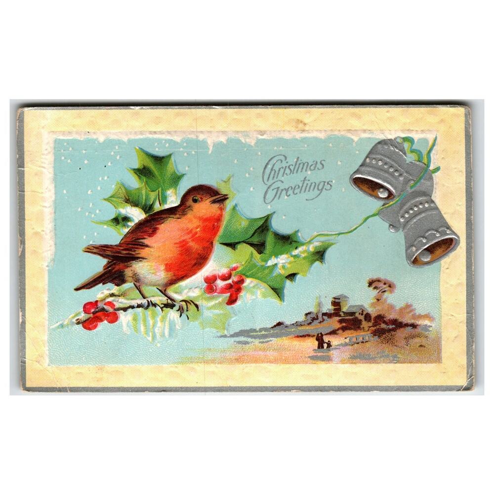 Vintage Embossed Christmas Postcard Robin Holly Bells Winter Village USA